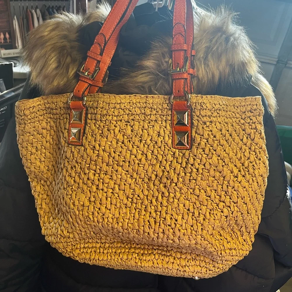 Michael Kors Orange Leather Straw Tote Bag - Picture 3 of 3